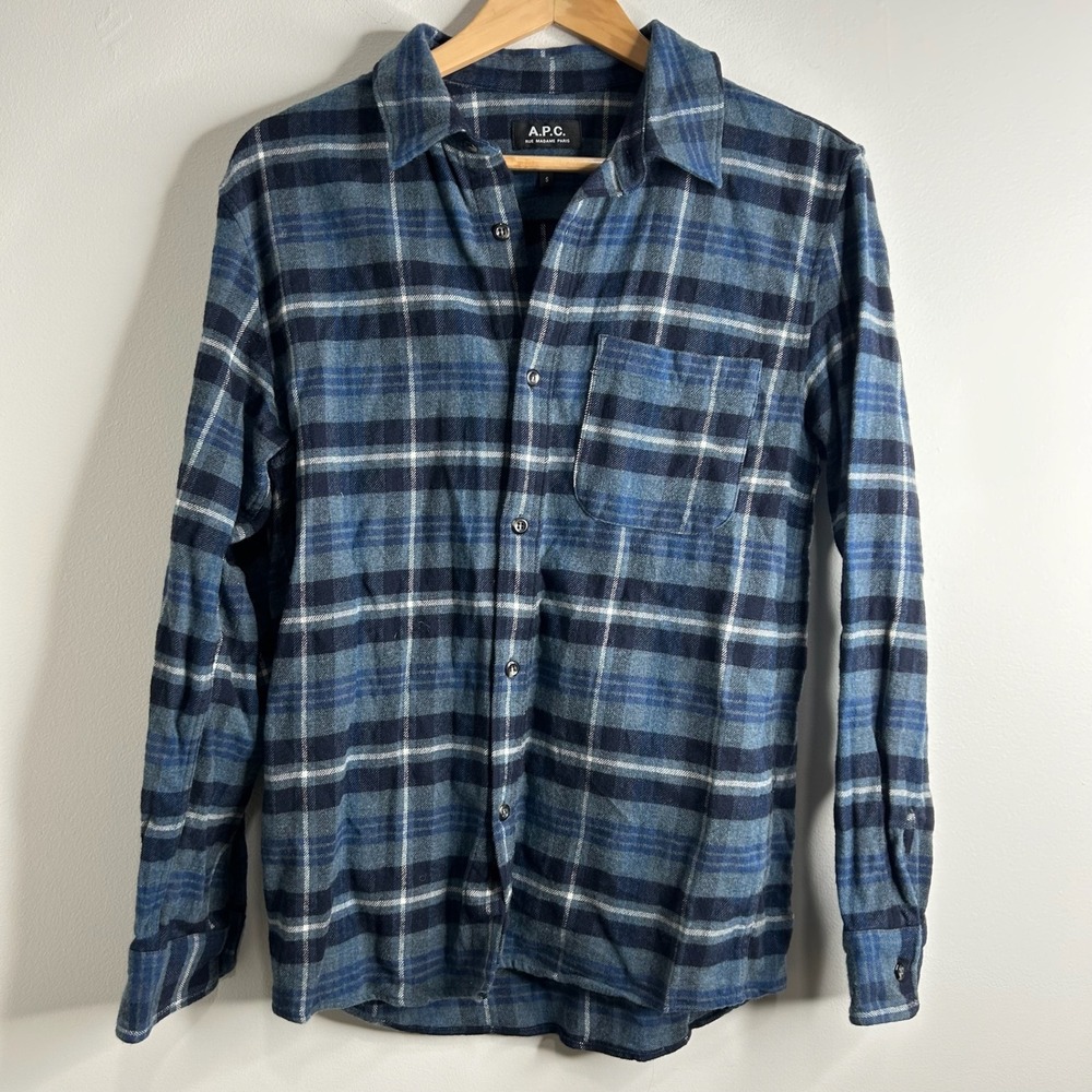 A.P.C Rue Madame Paris Plaid Flannel Button Up Shirt Mens Size S Blue Wool Blend